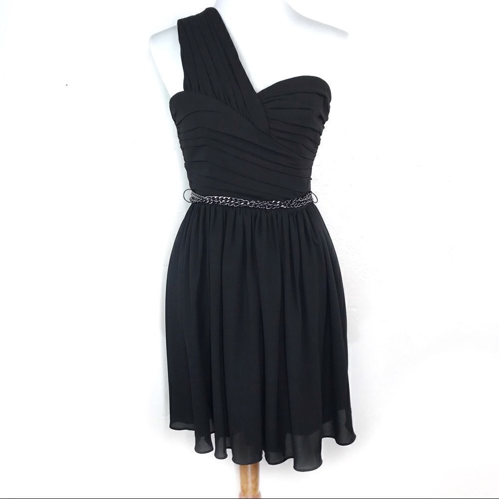 Express Black One Shoulder Chiffon Belted Dress 4